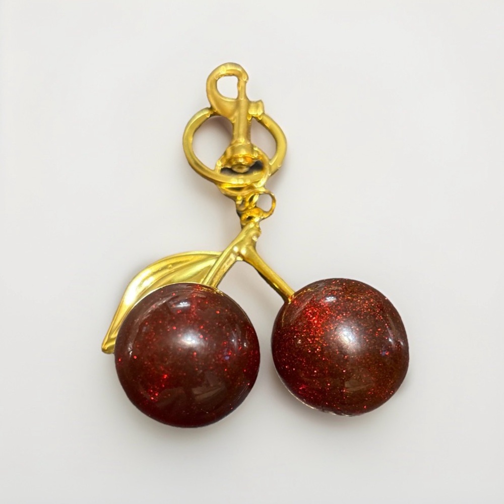 Red Cherry Glittery Keychain with Gold Accents